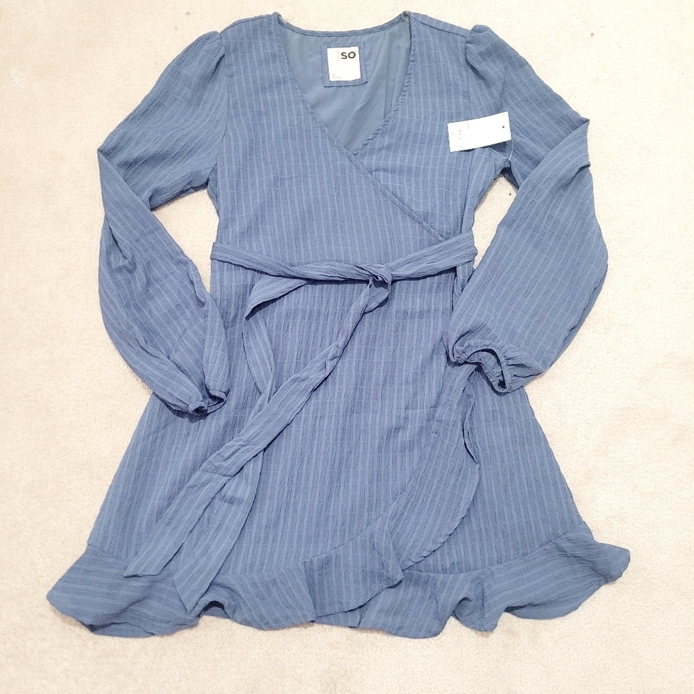 SO Woman's Faux Wrap Ruffle Hem Dress Blue Textured Long Sleeve Size Medium NEW - Picture 5 of 13